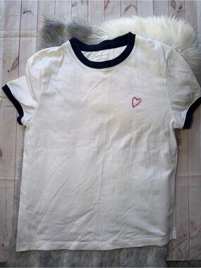Tory flocked love ❤️ White Ringer Tee with Navy Trim and Pink Heart